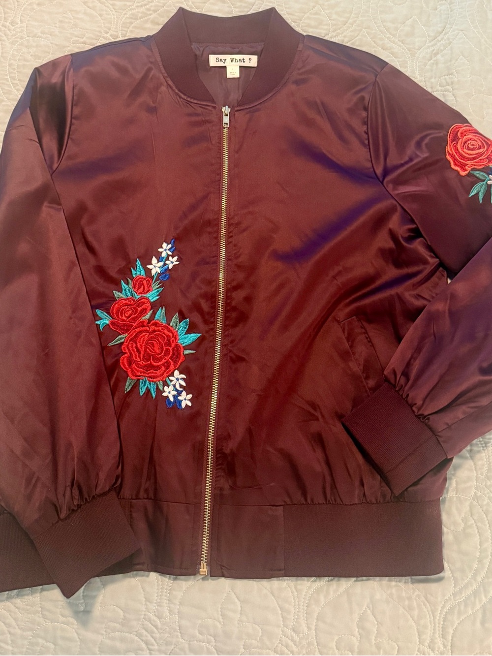 Say What? Burgundy Satin Bomber Jacket with Red Rose Embroidery